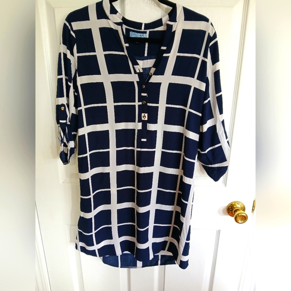 Cynthia Rowley Women's 3/4 Length Sleeve Navy And White Plaid Shirt Dress Size 8 - Picture 1 of 6